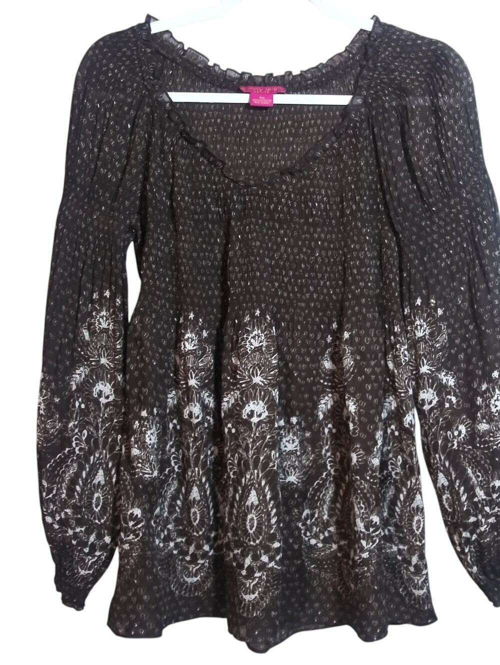 Sunny Leigh Long-Sleeve Boho Peasant Top in Brown with White Print Size MP